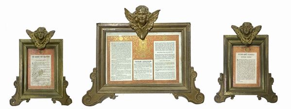 Trittych of wooden paper covered with brass with winged zephyrs at the top