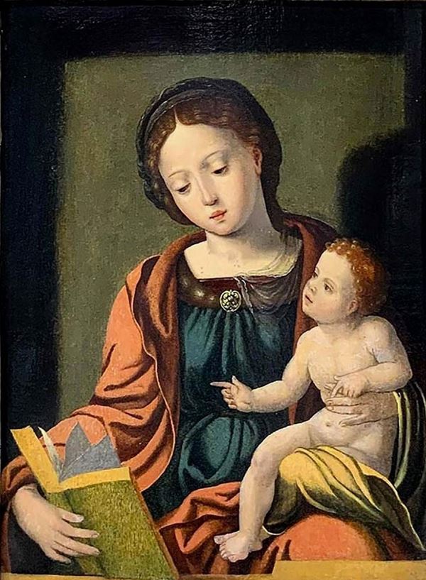 Olio su tavola raffigurante Madonna con libro, attribuito Aelst Pieter van o Pieter Coecke van Aelst (Aalst 1502-1550 Bruxelles). Cm 37,5x28. in cornice cm 74x 64. "Eccellente pittore rinascimentale fiammingo ha vissuto in Italia dove ha avuto modo di apprezzare l'arte dei  pittori italiani suoi contemporanei. Fu un grande estimatore di Raffaello, a cui spesso si inspira, come ad esempio in questo dipinto, seppur sostanzialmente rimane ateo entro canoni e sviluppi stilistici suoi propri. Ha da