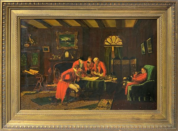 Uomini in abito rosso in un interno