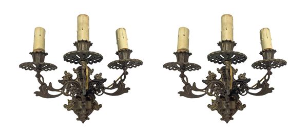 Pair of three-light gilded bronze appliques