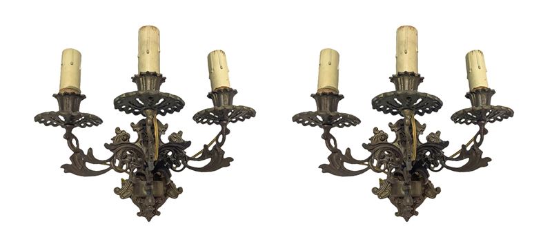 Coppia di Appliques in Bronzo Dorato a Tre Luci