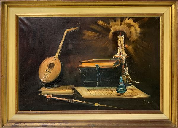 Natura morta di strumenti musicali e libri