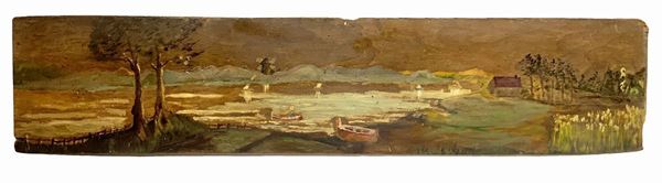 Above door depicting landscape with trees and boats