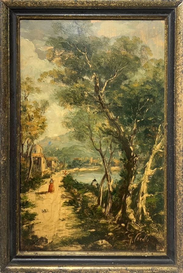 Long lake road with trees
