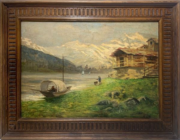 Lorenzo Delleani - River landscape with boats.