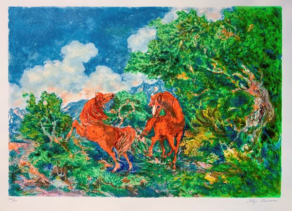 Aligi Sassu - Paesaggio naturale e cavalli rossi con alberi