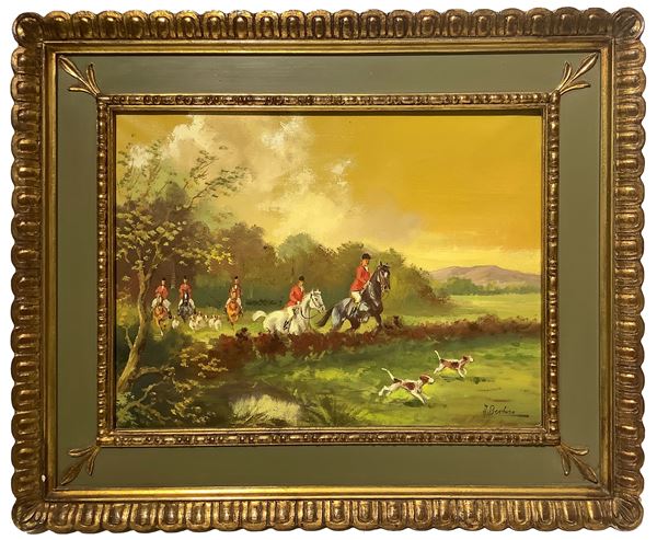 Hunting scene with horses and dogs