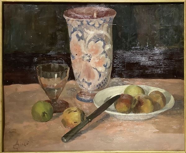 Giovanni Alic&#242; - Still life with flowers vase and peaches