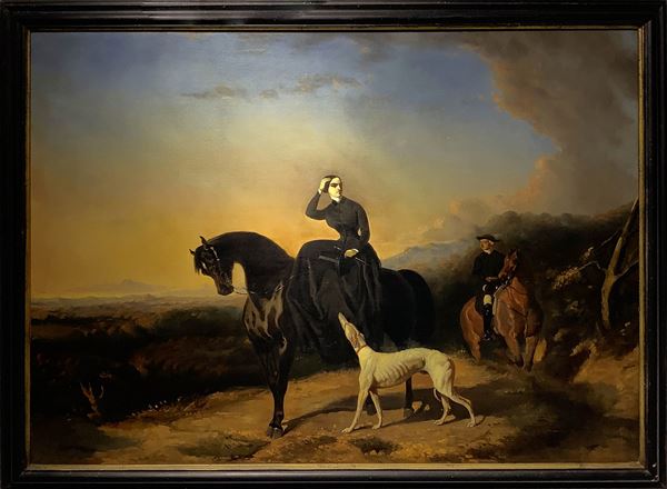 Alfred De Dreux (Parigi 1810-Parigi 1860), dipinto ad olio su tela raffigurante il ritorno della Duchessa D&rsquo;Almeda da un viaggio a Koat-Ven. Cm 88x115, pollici 34,5x45,5.