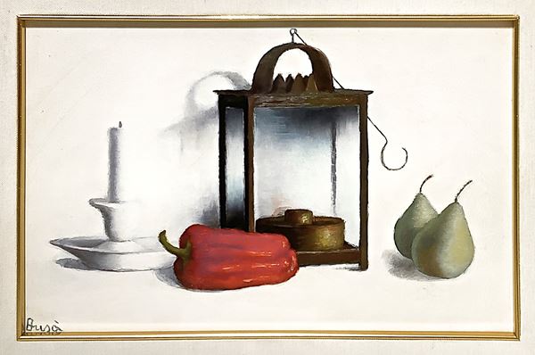 Still life with candle, peppers and pears