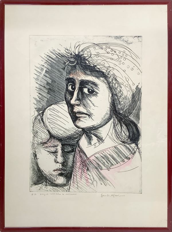 Santo Marino - Prova d'autore acquarellata raffigurante volto di donna e uomo
