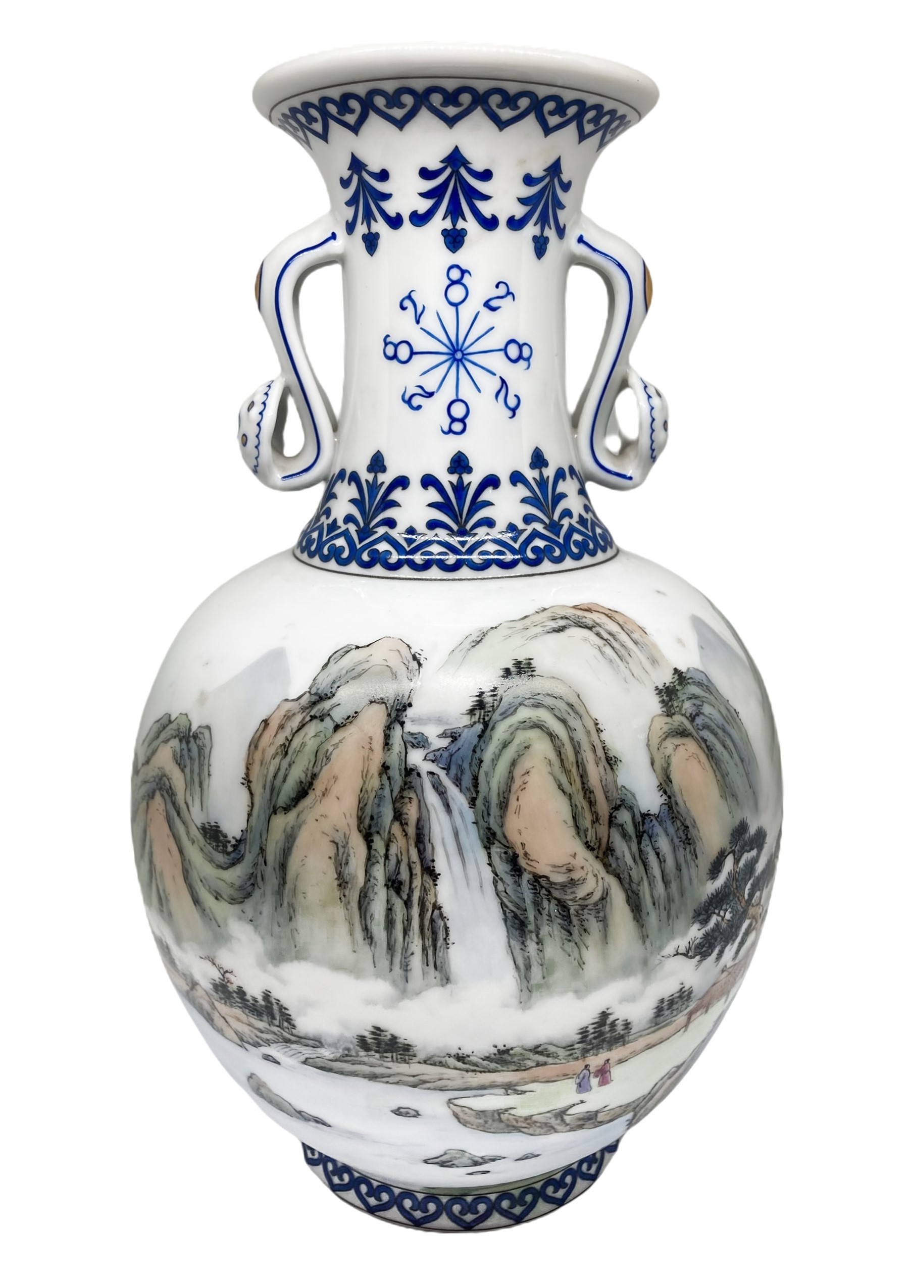 Vaso Cinese Biansato a Fondo Bianco, Decorato nei Toni del Blu