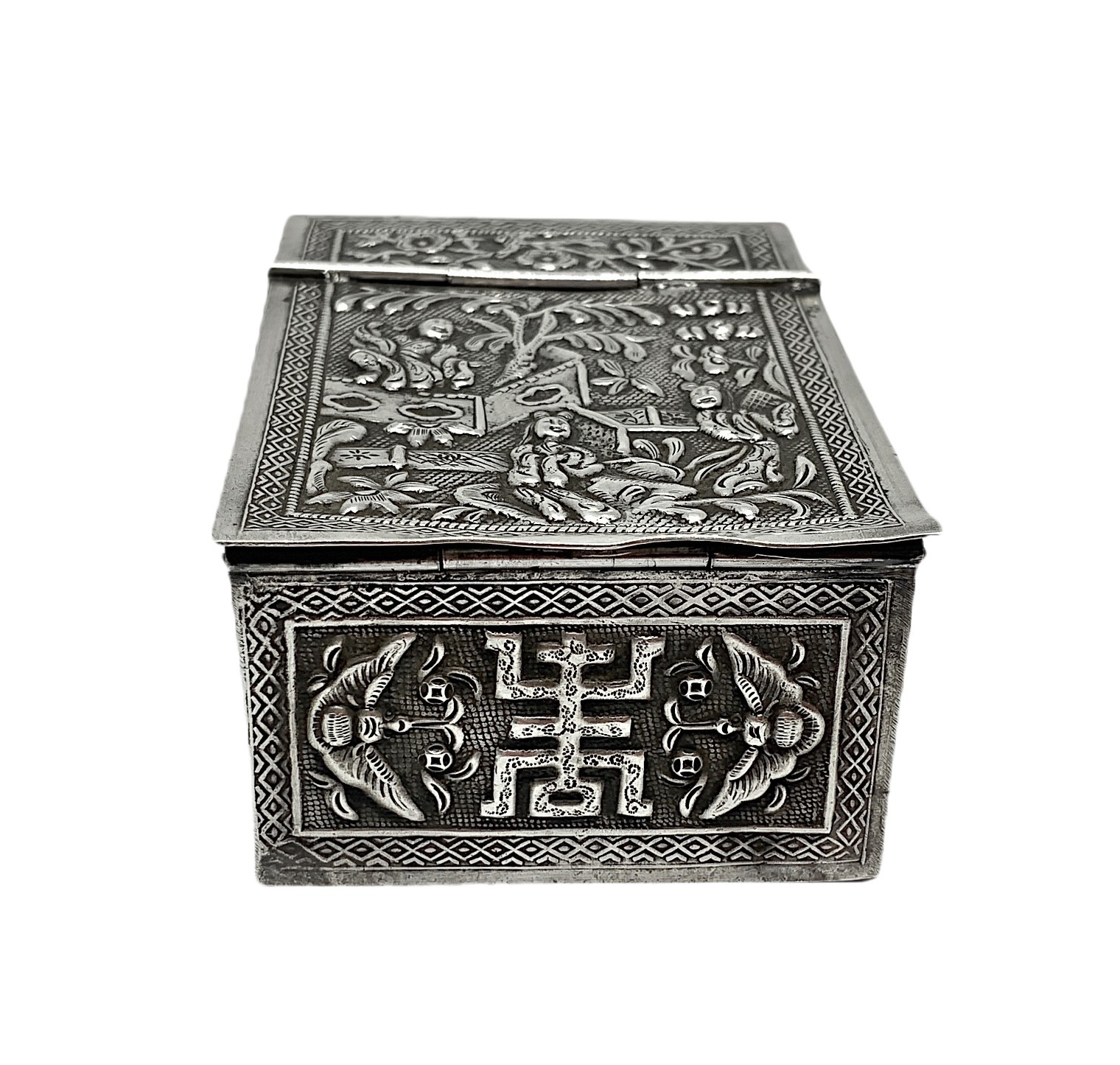 Piccola scatola con cassetto e specchio con scena di vita giapponese