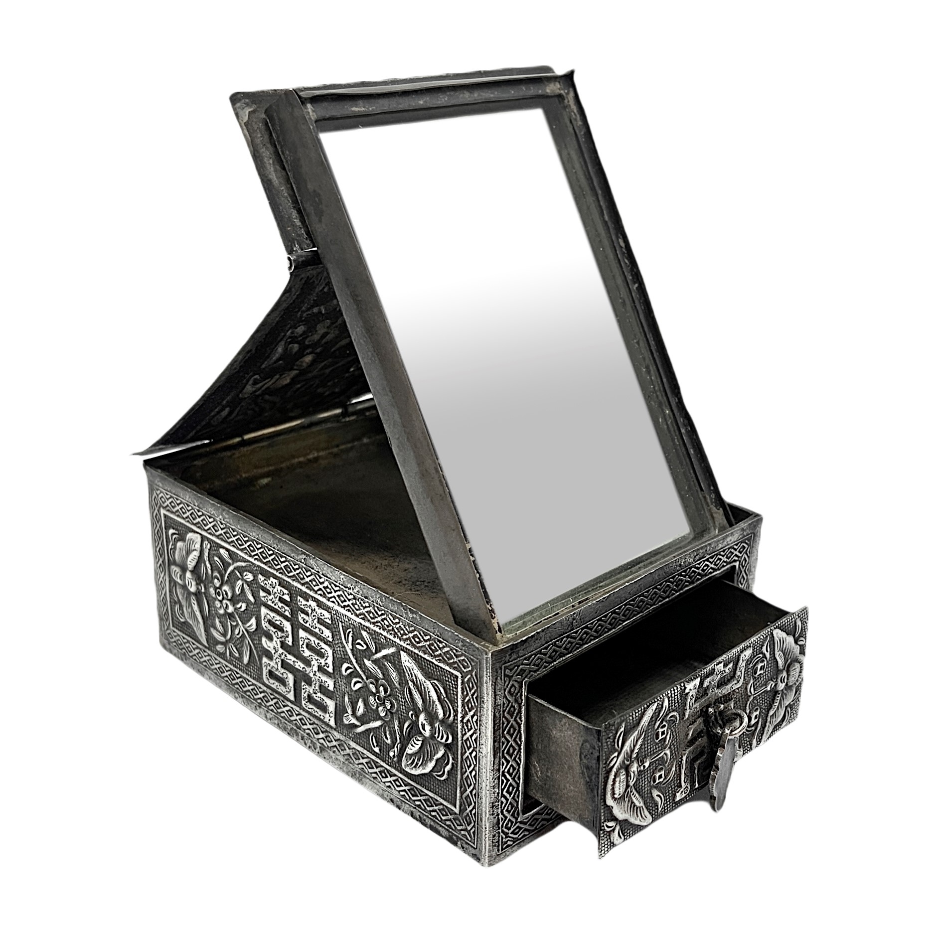 Piccola scatola con cassetto e specchio con scena di vita giapponese