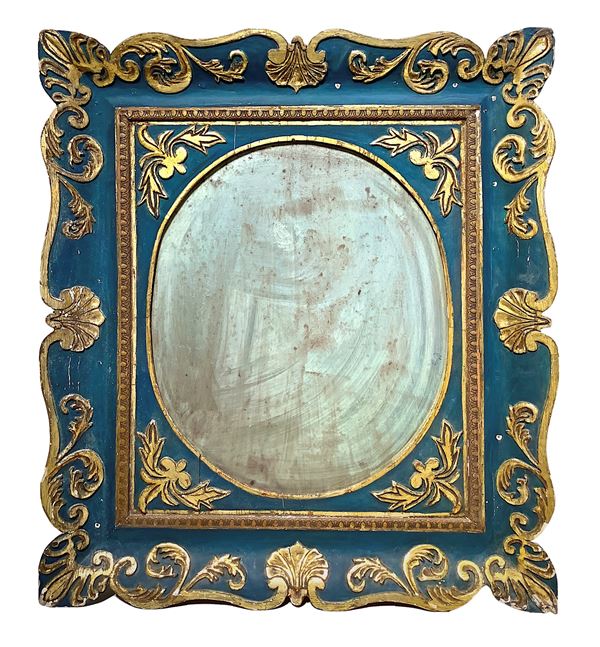 Golden and lacquered wood mirror in blue tones