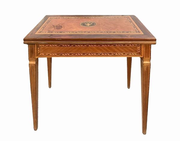 Wooden playing table, folding, with flap. Floral inlays on the surface