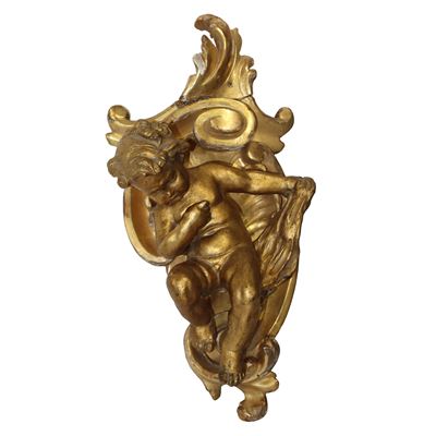 Putto in Terracotta Dorata a Foglia in Conchiglia di Legno Dorato
