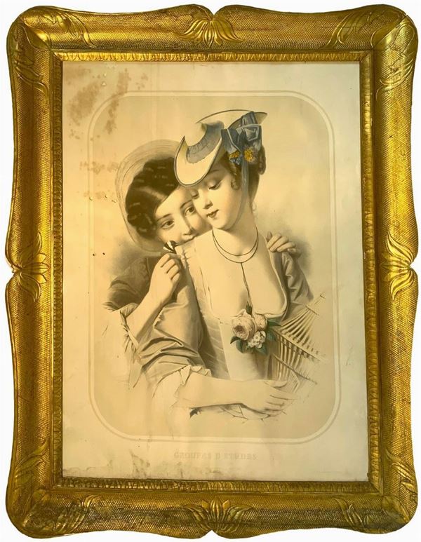 Wooden frame with gouache depicting two young women with hats