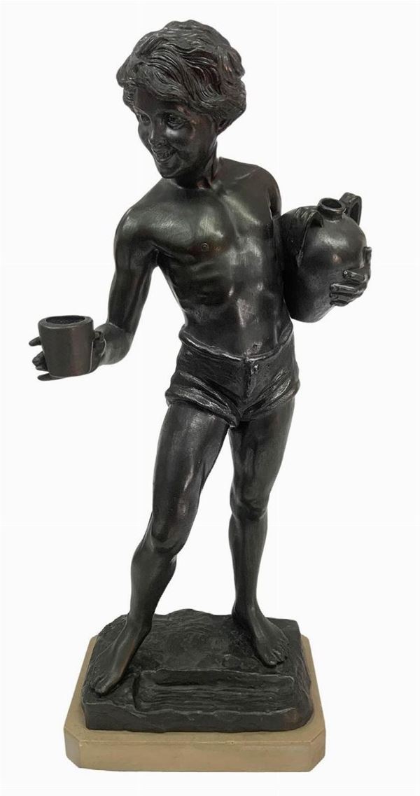 Bronze depicting a dipper. On an ivory-colored marble base. Signed at the rear base F. De Luca.