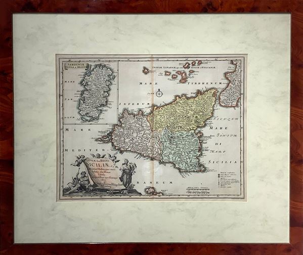 Christoph Weigel : Insulae sive regni Siciliae, carta geografica  (1712)  - Incisione in rame-acquaforte colorata - Asta Asta Eclettica - Casa d'aste La Rosa