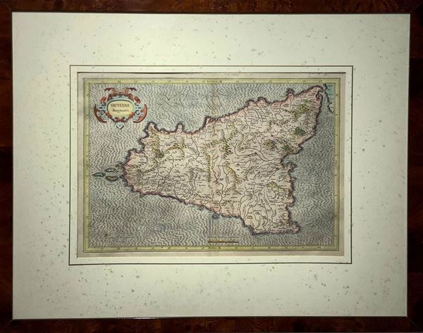 Gerhard Kremer : Sicilia Regnum, carta geografica  (1589)  - Incisione, acquaforte e bulima - Asta Asta Eclettica - Casa d'aste La Rosa