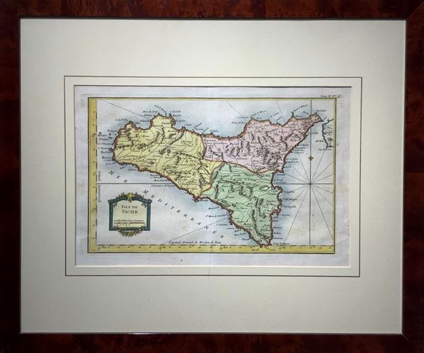 Jacques-Nicolas Bellin : Isle de Sicilie, carta geografica  (1764)  - Incisione ad acquaforte su rame acquerellato - Asta Asta Eclettica - Casa d'aste La Rosa