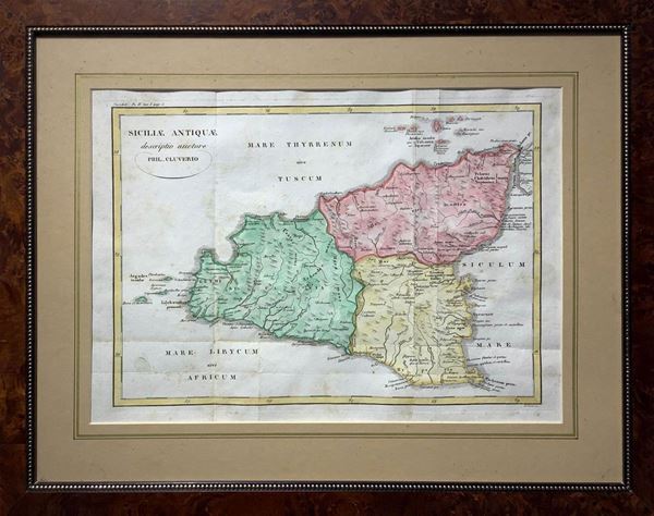 Filippo Cluverio : Siciliae antique, carta geografica  - Incisione in rame - Asta Asta Eclettica - Casa d'aste La Rosa