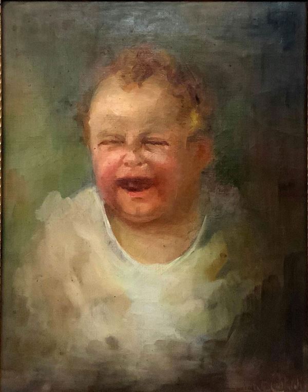 Dipinto ad olio su tela raffigurante bambino che piange, Domenico Abate Cristaldi (Catania 1891-Roma 1949). Cm  45,5x35  
