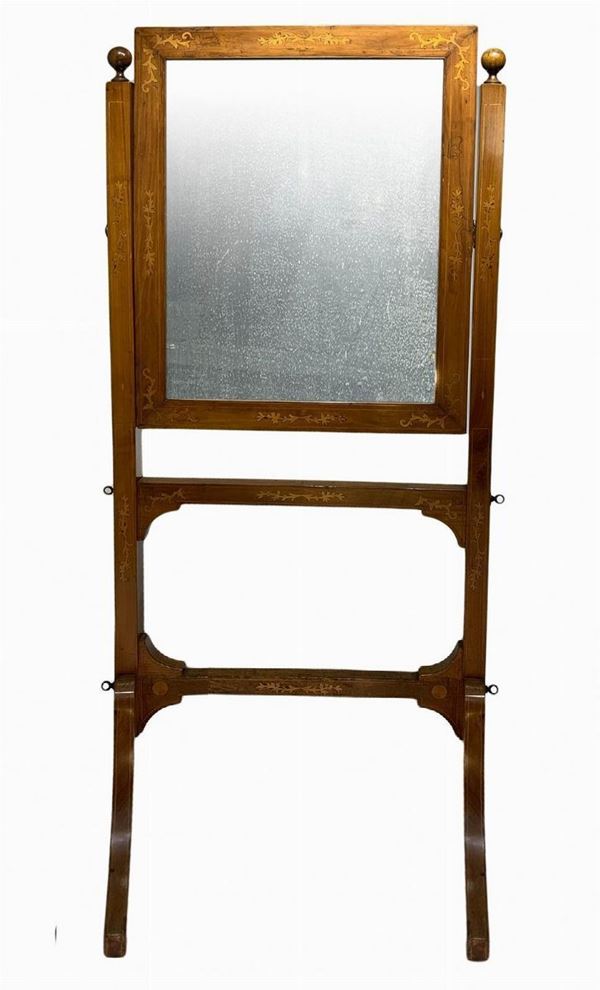 Tilting vanity in walnut with inlays and light wood countour. Mercury mirror on both sides, late eighteenth / early nineteenth, Directoire period, Sicily, provenance nobliare family of Cerami. H 158 cm, 73x71 cm.
