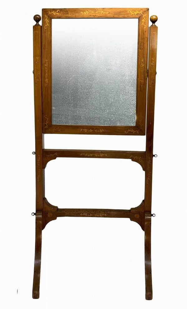Psiche basculante in legno di noce con intarsi e perfili in legno chiaro. Specchio al mercurio su ambo i lati, fine XVIII/inizi XIX, periodo Direttorio, Sicilia, provenienza famiglia nobliare dei Cerami. H cm 158, cm 73x71.
