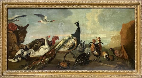 Still life of animals with birds and donkey