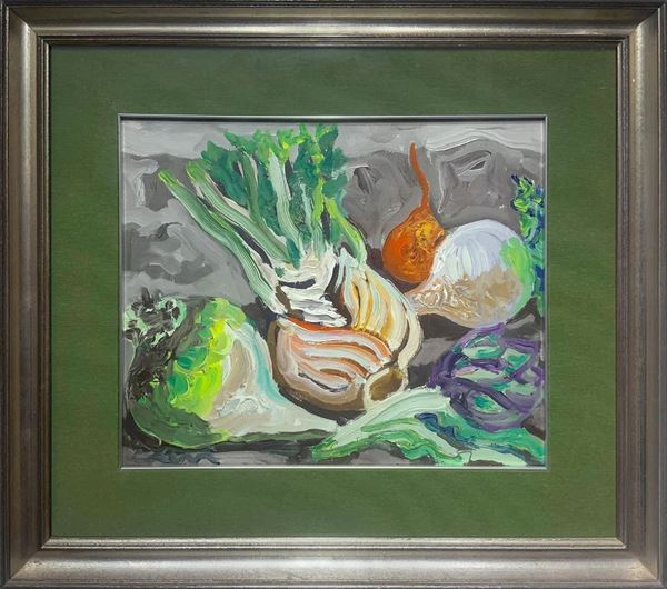 Dipinto ad olio su tela raffigurante natura morta, Carlo Levi (Torino,1902 – Roma, 1975). Cm 37x45
