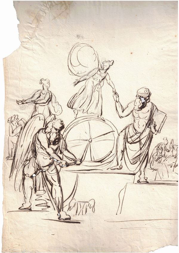 Mythological scene depicting Thanatus spinning the wheel of life