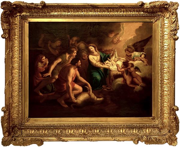 Oil painting on canvas depicting the Nativity and Adoration of the Shepherds. XVII / XVIII century painter, Nicolas Poussin school. In beautiful posthumous frame, nineteenth century. Cm 70x85. In frame cm 98x110