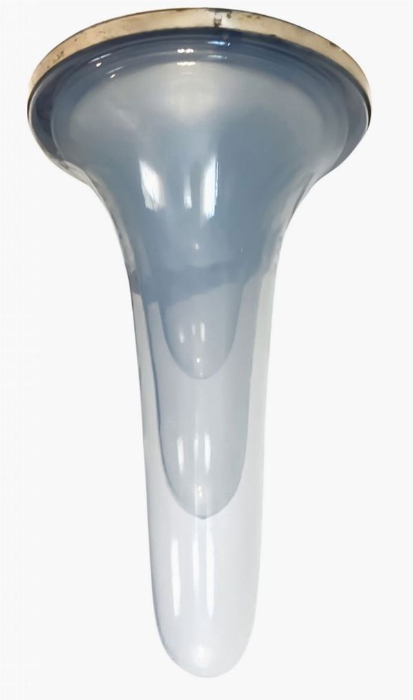 Mazzega Murano, disegno  di Carlo Nason. Anni &lsquo 70. Rara lampada a plafone. in vetro iridescente struttura in metallo nichelato.   H cm 75. ... 