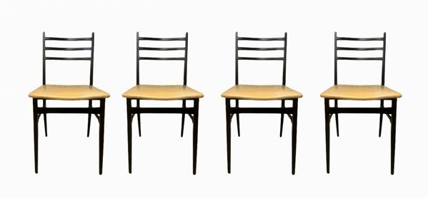 Production Saffa, design Guglielmo Ulrich, model Trieste. Group of four chairs. 1950s, black lacquered wood structure and interlocking system ...