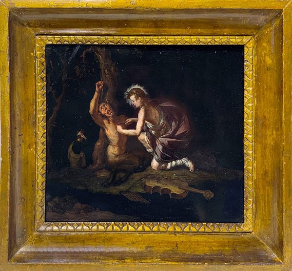 Dipinto ad olio su ardesia raffigurante Apollo che scuoia Marsia, XVII secolo. Cm 29x32. In cornice cm 40x42. Spessore mm 10.