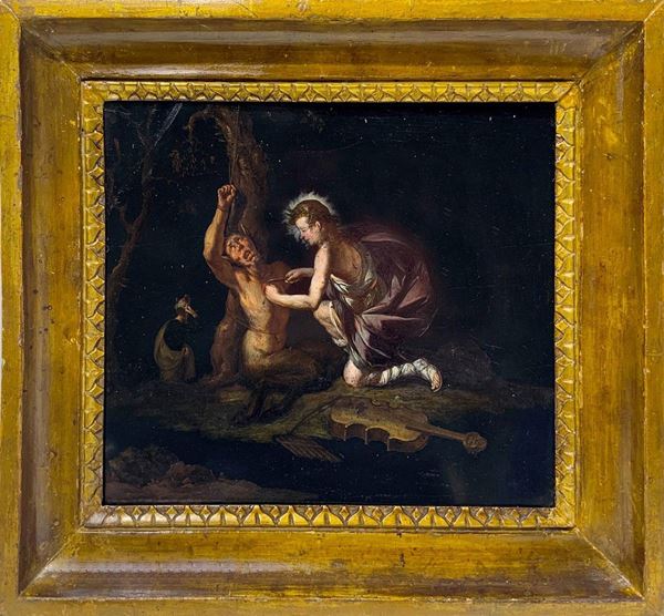 Dipinto ad olio su ardesia raffigurante Apollo che scuoia Marsia, XVII secolo. Cm 29x32. In cornice cm 40x42. Spessore mm 10.