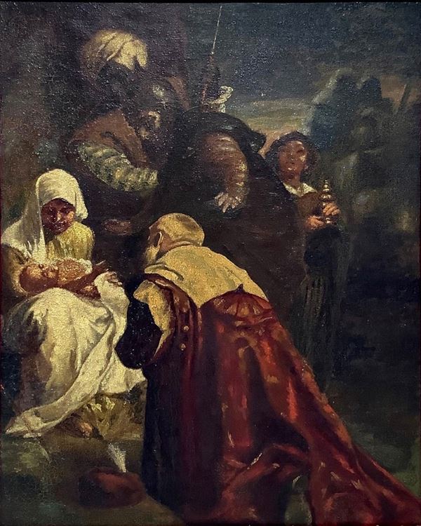 Olio su tela applicata a tavola raffigurante Adorazione dei Magi, Giuseppe Sciuti (Zafferana Etnea, 26 febbraio 1834 – Roma, 13 marzo 1911). Cm 60x46, in cornice cm 70,5x56,5
Dipinto che è estraneo ai soggetti della classicità greco-romana. Sciuti assume in questo, toni più domestici, meno enfatici. 
La Madonna dal volto di una giovane madre siciliana, che guarda intensamente il proprio bimbo che dorme, fa trasparire un momento di chiara intimità. I magi ammirati sono partecipi di un momento d