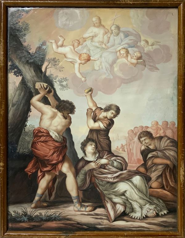 Coppia di dinti su pergamena raffigurantei " Martirio di Santo Stefano" e "Martirio di Santo Stefano",&nbsp  Bartholomaeus Spranger&nbsp (Anversa, ... 