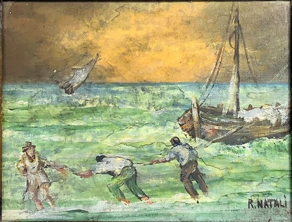 Renato Natali (Livorno, 10 maggio 1883 – Livorno, 7 marzo 1979), dipinto ad olio su tela raffigurante marinai, firmato in basso a destra R. Natali. Cm 24x30. In cornice cm 33x27