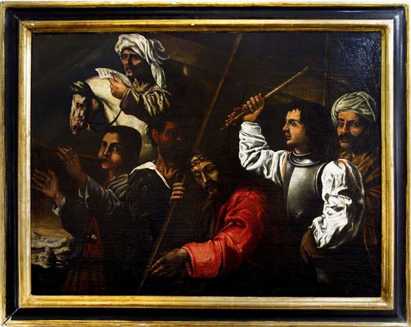 Mario  Minniti -  Dipinto caravaggesco raffigurante Cristo Crucifero in ascesa al calvario attorniato da personaggi.