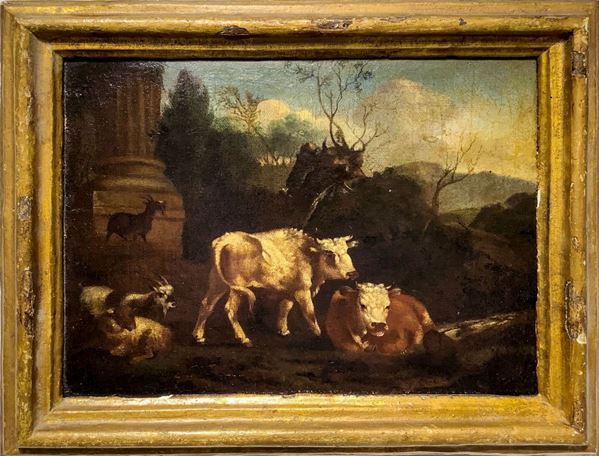 Flemish painter from the seventeenth century. Oxen and goats. 24x31,5 oil paint on wood.