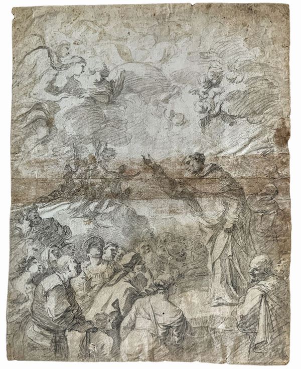 Giambattista Tiepolo, pencil drawing on old paper with watermark vergellata circular lily, depicting apparition of Our Lady to St. Dominic, Giambattista Tiepolo. Preparatory Studies of the fresco in Saintta Maria del Rosario at the Jesuit Foundation Rafts (Dorsoduro, Venice). Mm 550x430. "This design is a detail that relates to the fresco with the institution of the rosary to St. Dominic made in the central section of the surface of the church. In this work, the Tiepolo Veronese expresses his 