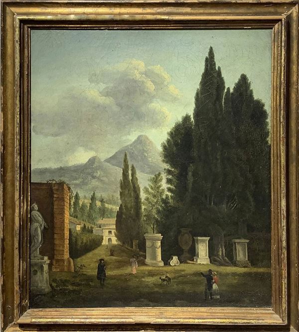 Paesaggio con alberi, personaggi e architetture