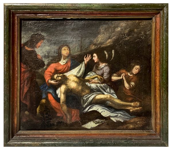 Oil painting on canvas depicting the Lamentation of Christ with the three Marys and St. John, the late seventeenth century. Cm 31x38.