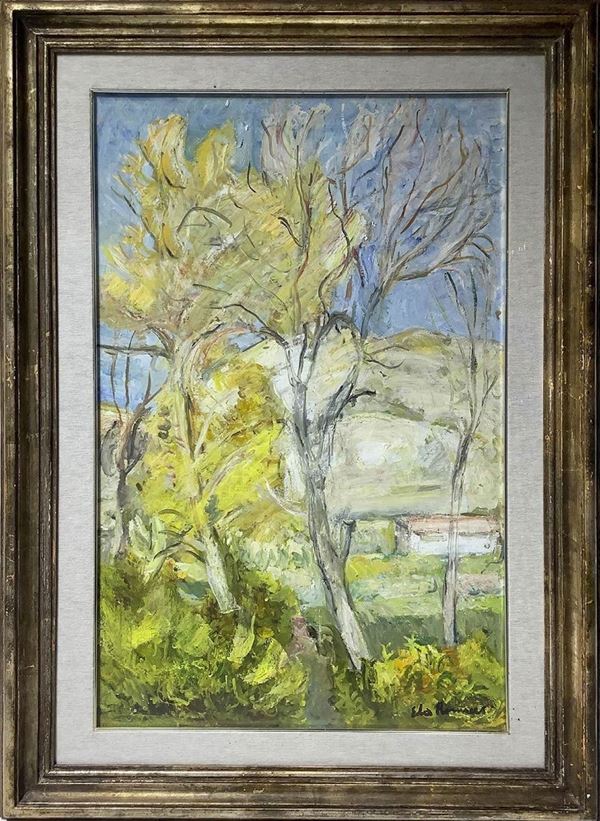 Dipinto ad olio su tela raffigurante paesaggio di Morra con alberi, Elio Romano (Trapani, 21 marzo 1909 – Catania, 12 luglio 1996) . Cm 80x50, in cornice cm 102x72. Firmato in basso a destra.
