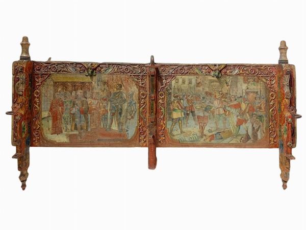 Sicilian cart "sponda" painted wooden two scenes, the late nineteenth century, early twentieth century Sicily. Cm 66x128x22. Color Falls
