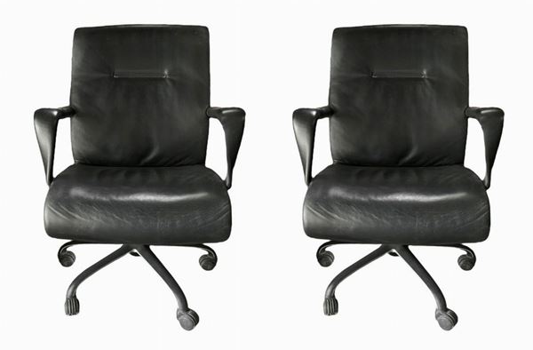 Frau armchair, pair of armchairs forum model, design design. 90s, five-spoke aluminum foot structure, leather coating ...