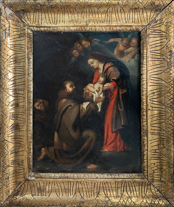 Madonna con bambino e San Francesco di Paola  (XVII secolo, Italia)  - Dipinto ad olio su tela applicata a tavola - Asta Dipinti: Antichi, Moderni e Contemporanei - Casa d'aste La Rosa